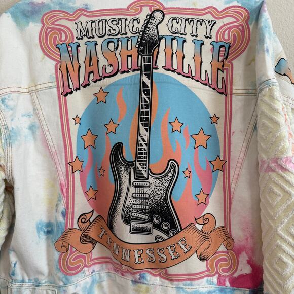 Upcycled Wild Fable Pastel Tie Dye Trucker Jacket w/Graphic & Towel Sleeves XL - Picture 3 of 12